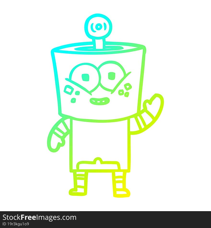 cold gradient line drawing happy cartoon robot waving hello