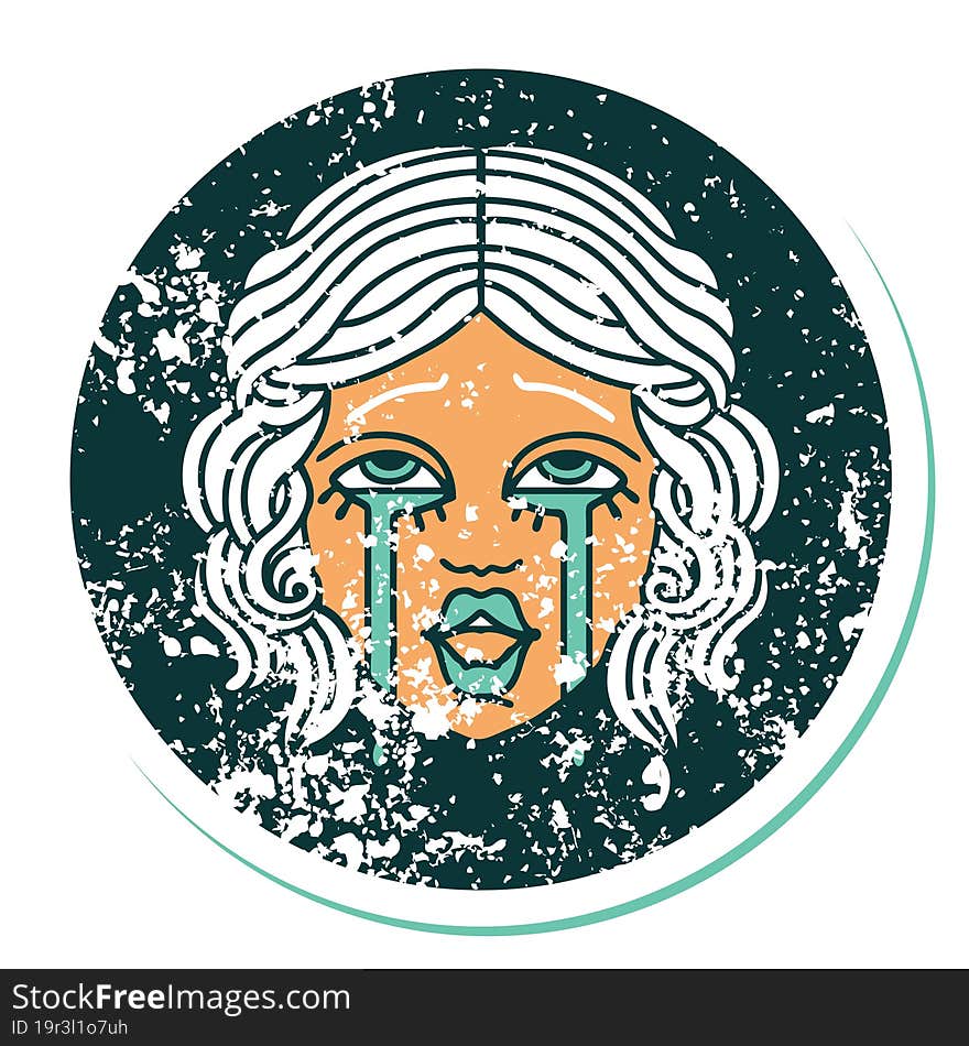 distressed sticker tattoo style icon of a very happy crying female face