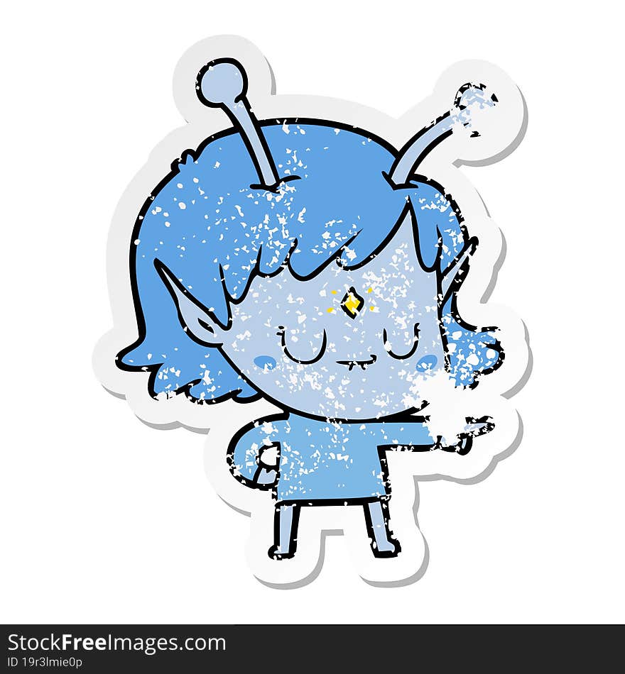 distressed sticker of a cartoon alien girl