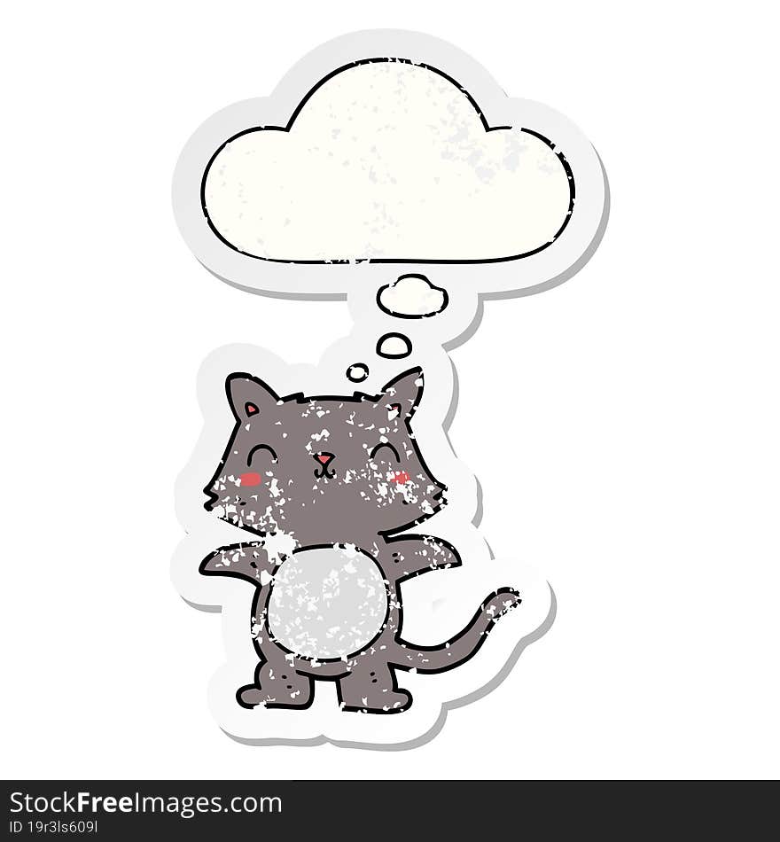 cartoon cat and thought bubble as a distressed worn sticker