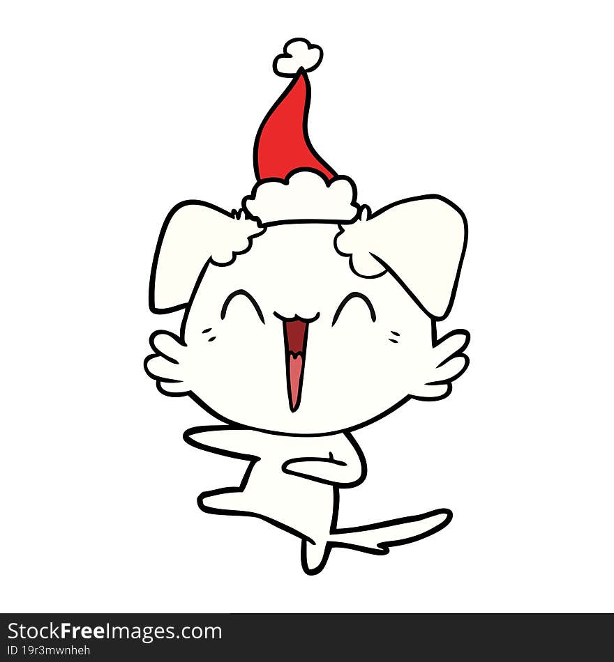 happy dancing dog hand drawn line drawing of a wearing santa hat. happy dancing dog hand drawn line drawing of a wearing santa hat