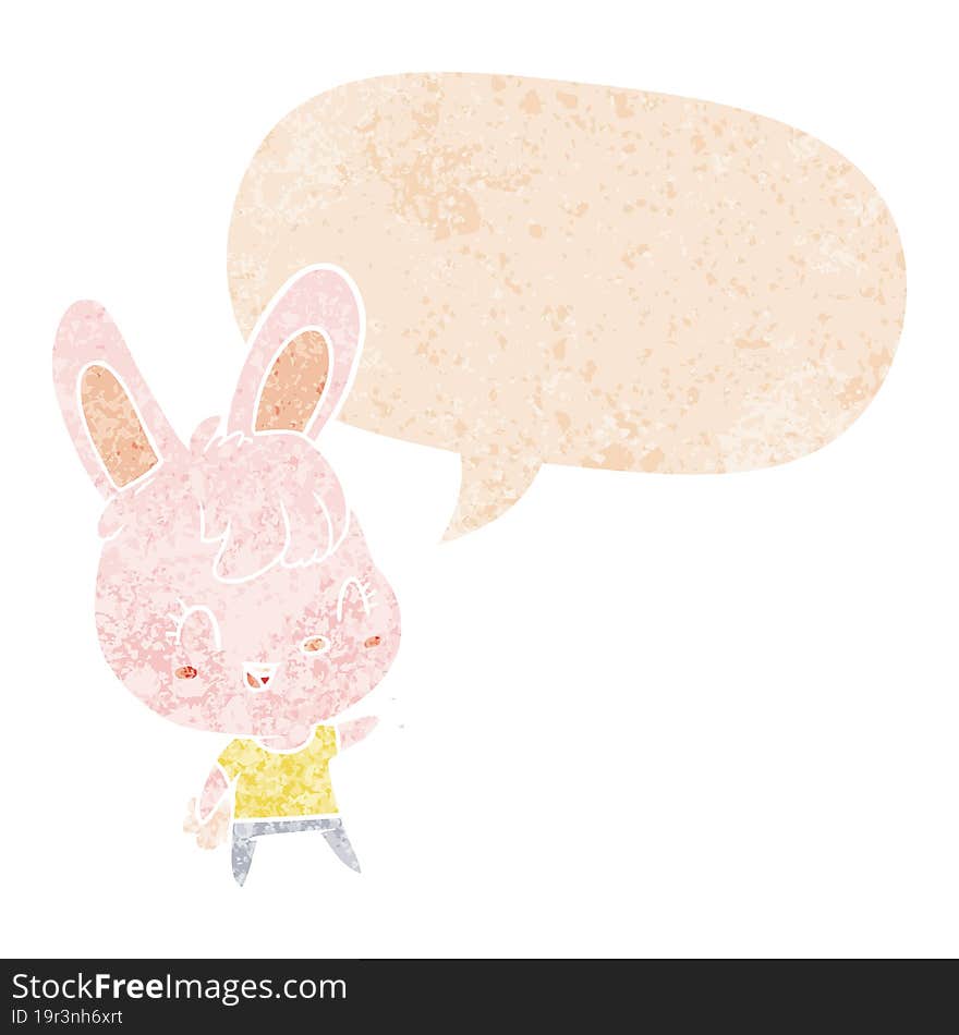 cartoon rabbit and speech bubble in retro textured style