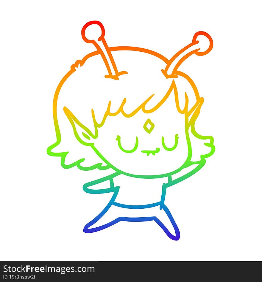 rainbow gradient line drawing of a cartoon alien girl