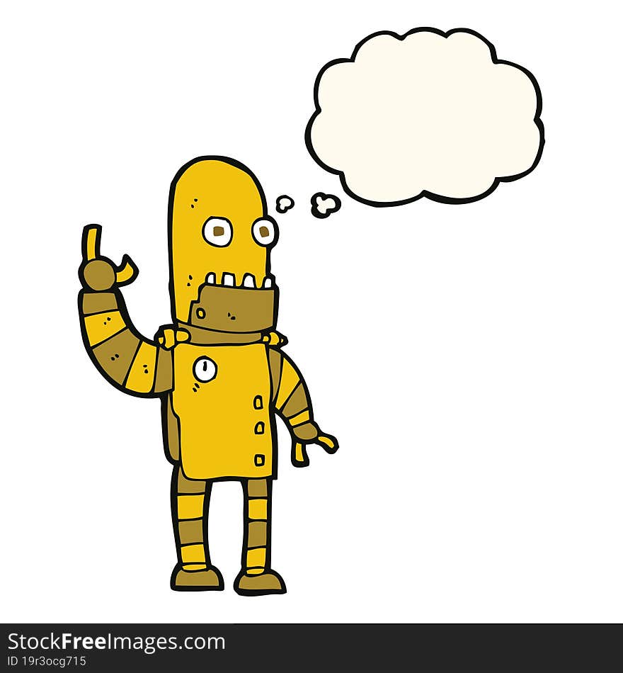 cartoon waving gold robot with thought bubble