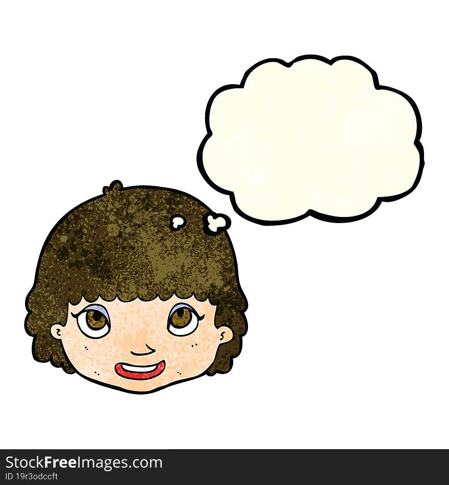 cartoon happy female face with thought bubble