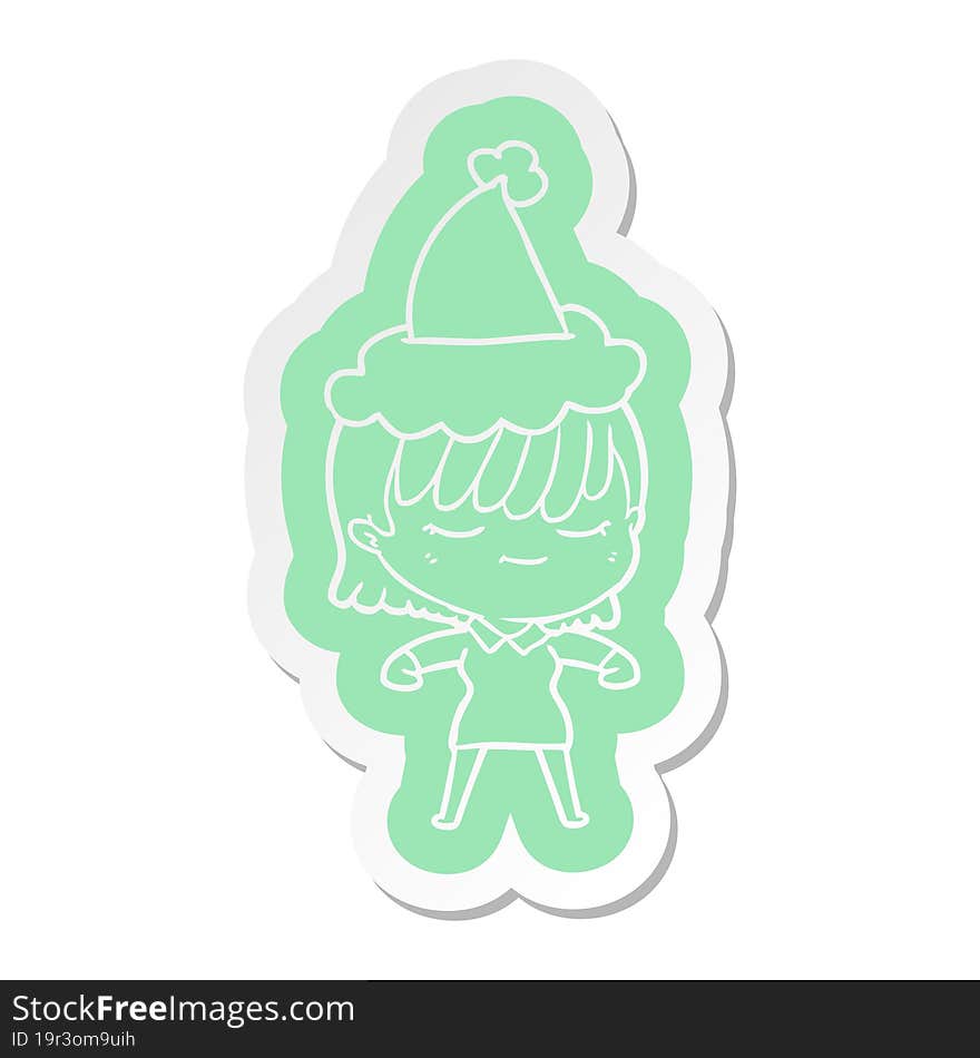 quirky cartoon  sticker of a woman wearing santa hat