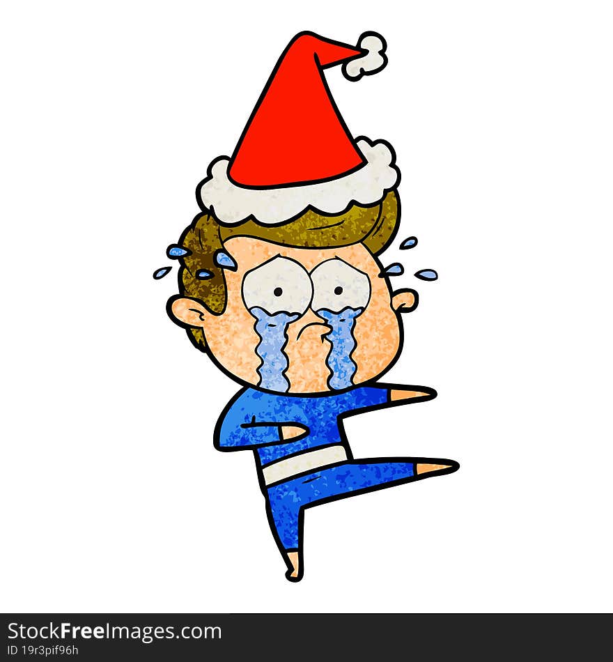 hand drawn textured cartoon of a crying dancer wearing santa hat