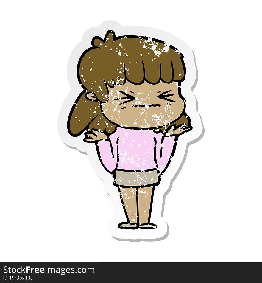 distressed sticker of a cartoon angry girl