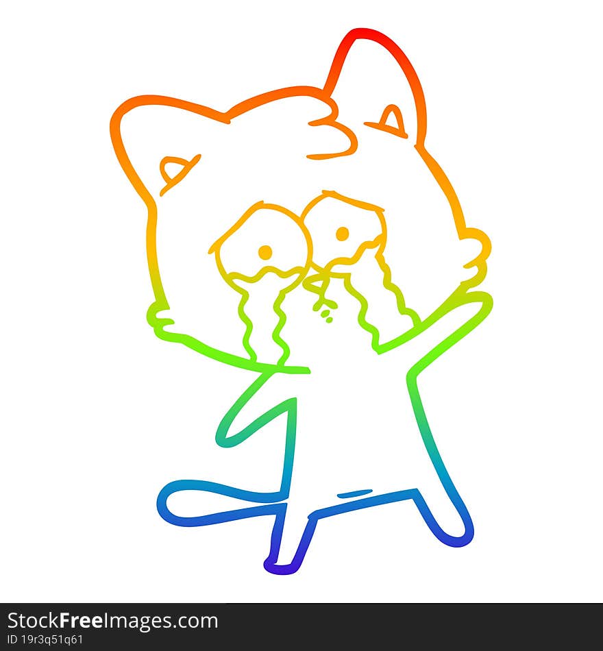 rainbow gradient line drawing of a crying cartoon cat