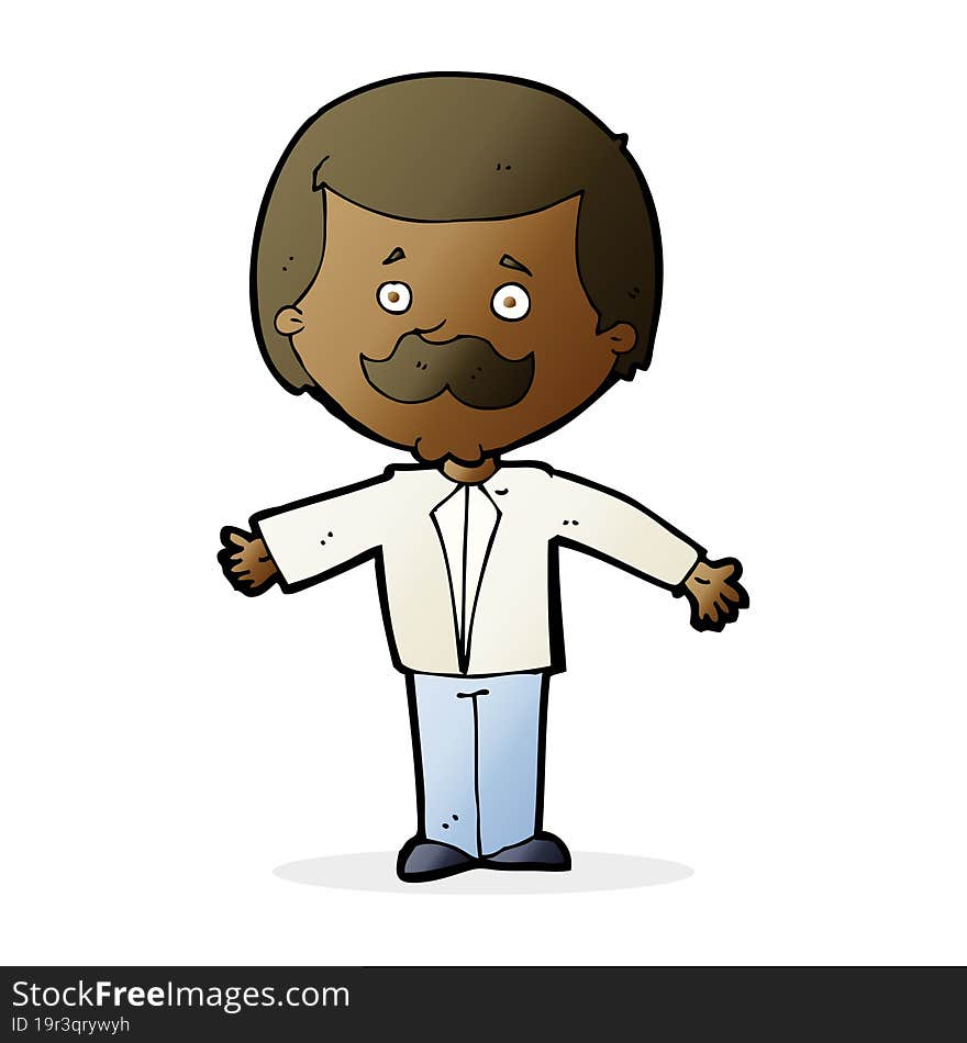 cartoon mustache man with open arms