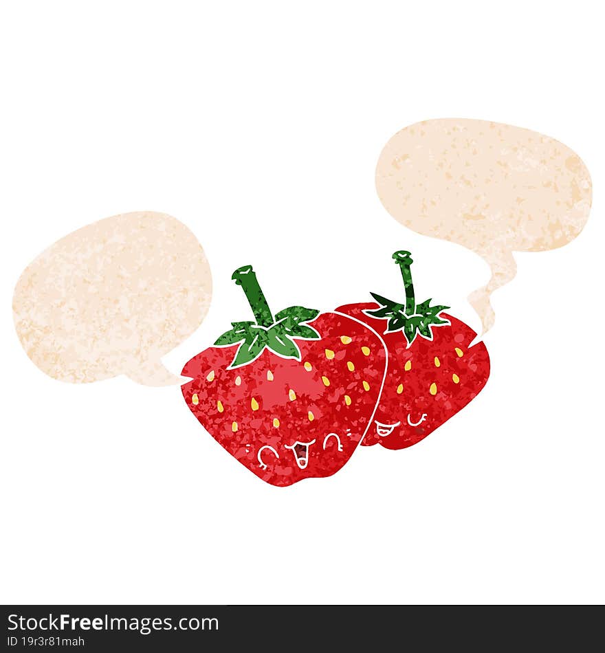 cartoon strawberries with speech bubble in grunge distressed retro textured style. cartoon strawberries with speech bubble in grunge distressed retro textured style