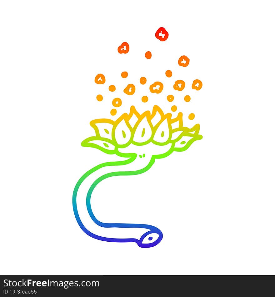 rainbow gradient line drawing of a cartoon flower releasing pollen