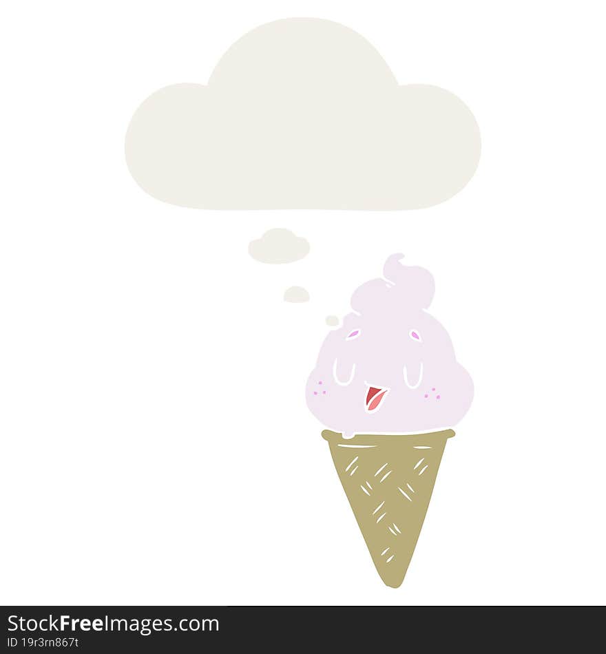 cute cartoon ice cream and thought bubble in retro style