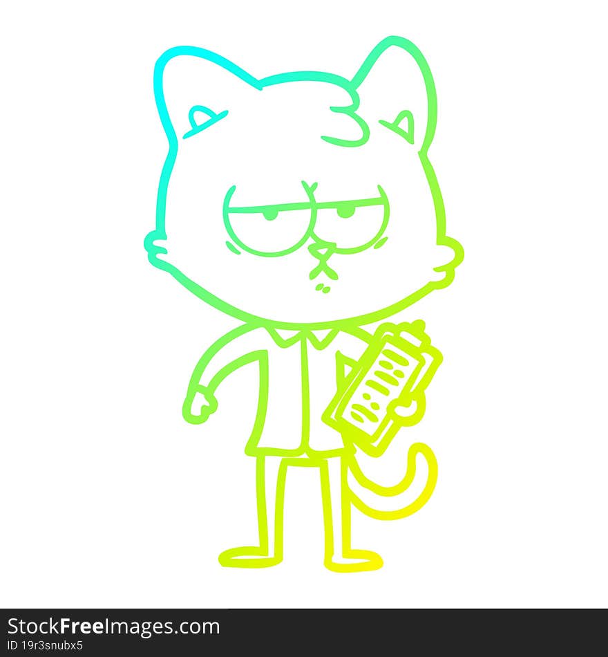 cold gradient line drawing of a bored cartoon cat taking survey