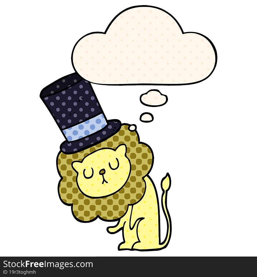 cute cartoon lion wearing top hat and thought bubble in comic book style