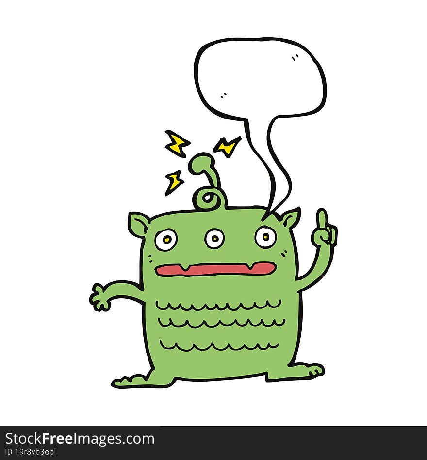 cartoon weird little alien with speech bubble