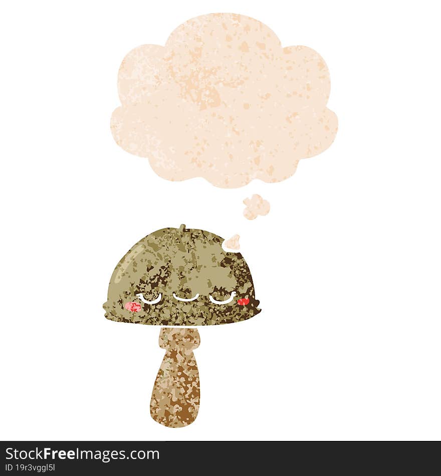 cartoon mushroom with thought bubble in grunge distressed retro textured style. cartoon mushroom with thought bubble in grunge distressed retro textured style