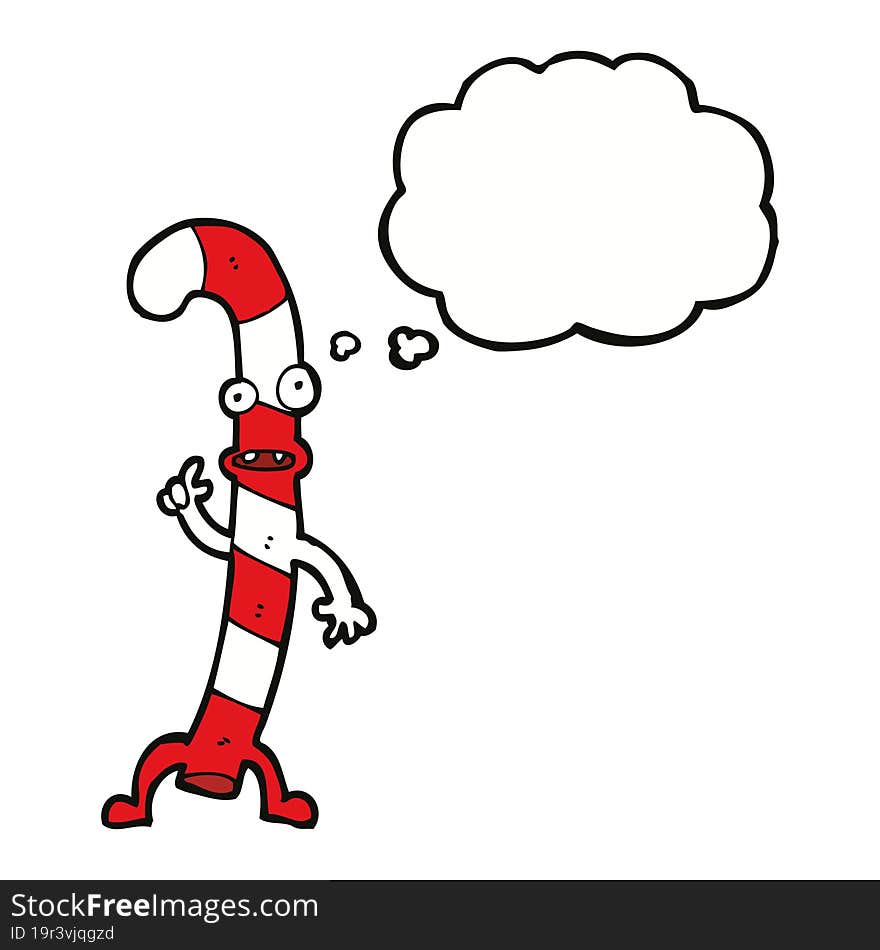 cartoon dancing christmas candy cane with thought bubble