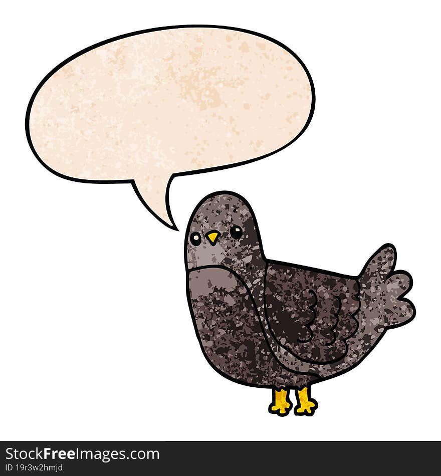 cartoon bird with speech bubble in retro texture style