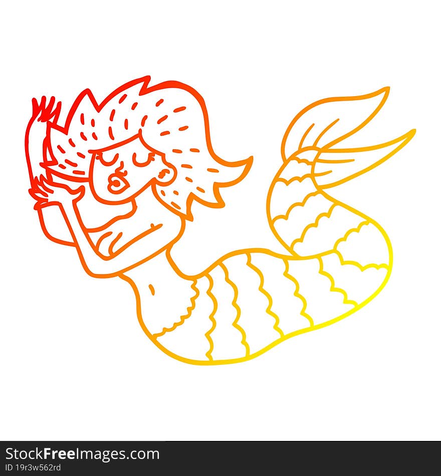 warm gradient line drawing of a cartoon woman mermaid