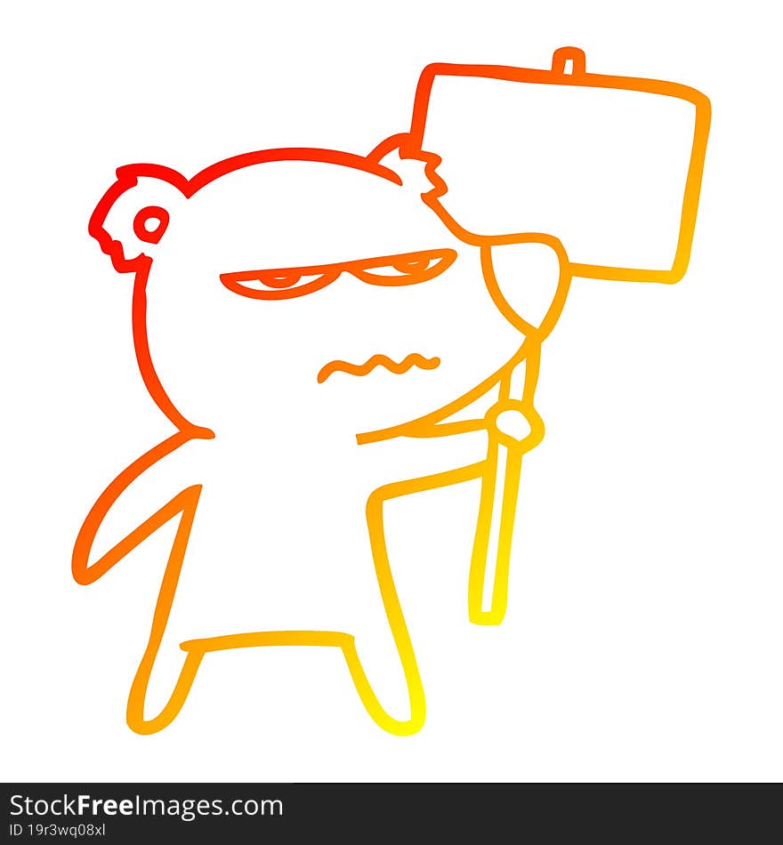 warm gradient line drawing angry bear cartoon holding placard