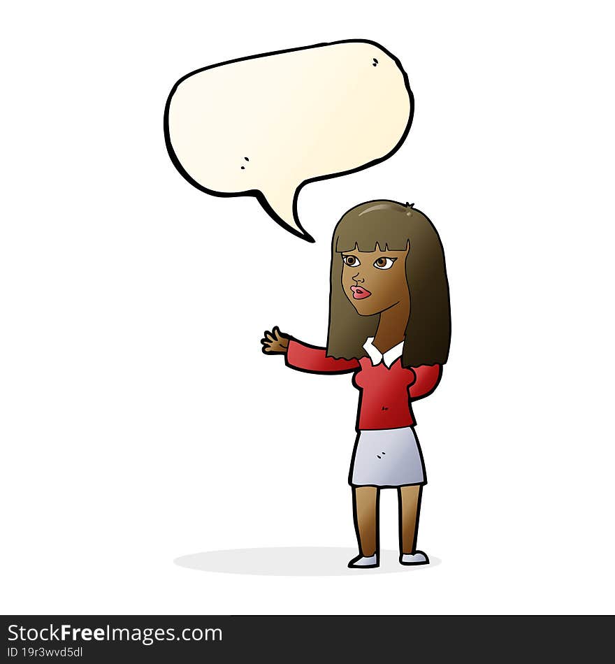 cartoon woman gesturing to show something with speech bubble