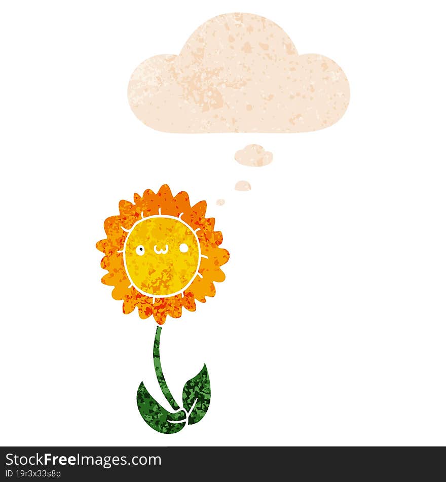 cartoon flower and thought bubble in retro textured style