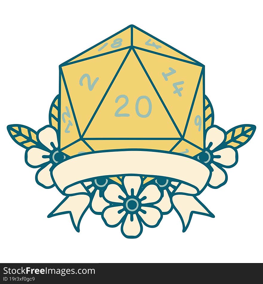 Retro Tattoo Style natural 20 critical hit D20 dice roll. Retro Tattoo Style natural 20 critical hit D20 dice roll