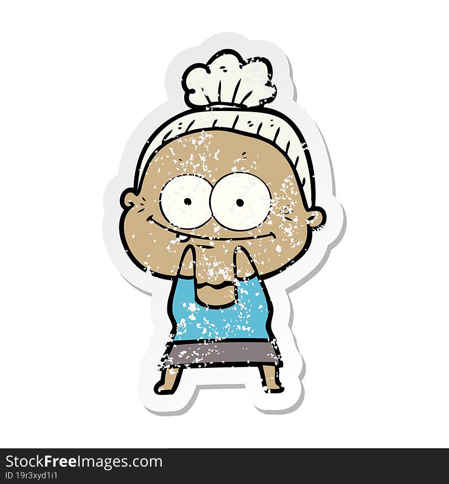 distressed sticker of a cartoon happy old woman