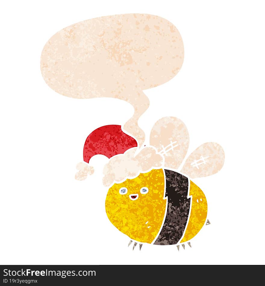 cute cartoon bee wearing christmas hat with speech bubble in grunge distressed retro textured style. cute cartoon bee wearing christmas hat with speech bubble in grunge distressed retro textured style