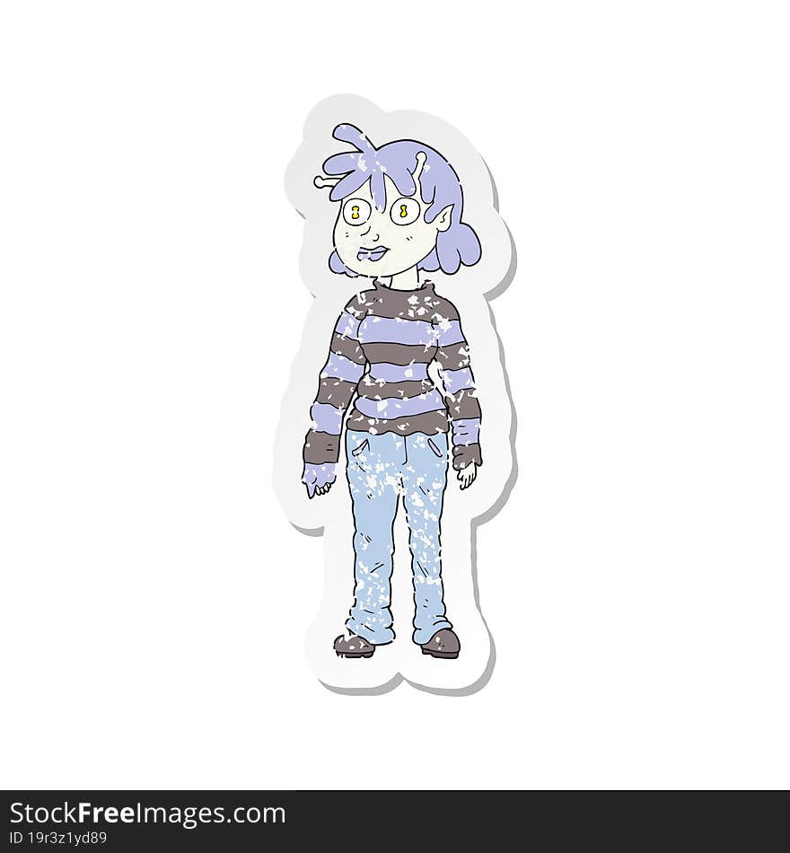 Retro Distressed Sticker Of A Cartoon Casual Alien Girl