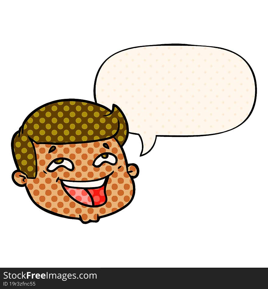 Happy Cartoon Male Face And Speech Bubble In Comic Book Style