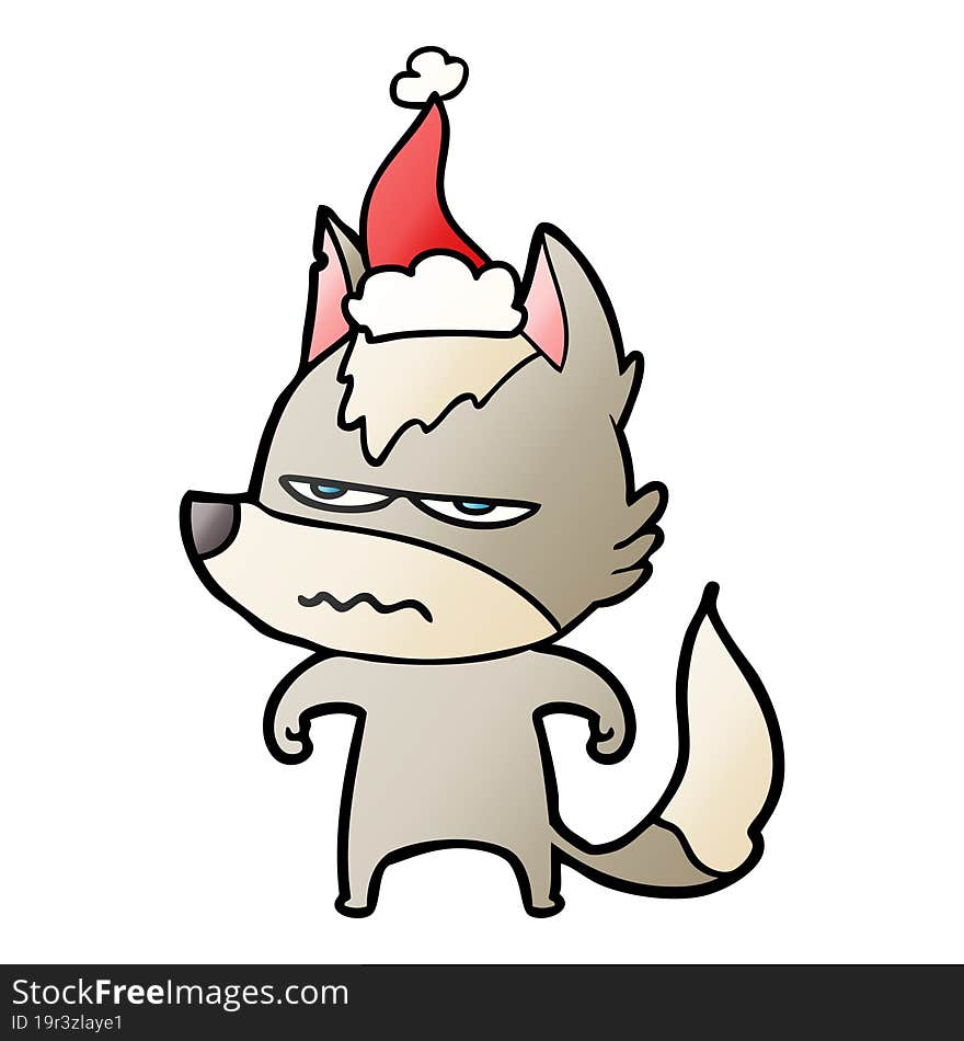 gradient cartoon of a annoyed wolf wearing santa hat