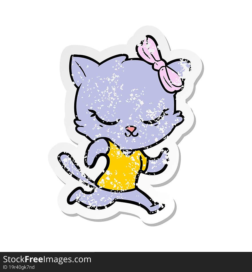 distressed sticker of a cute cartoon cat with bow