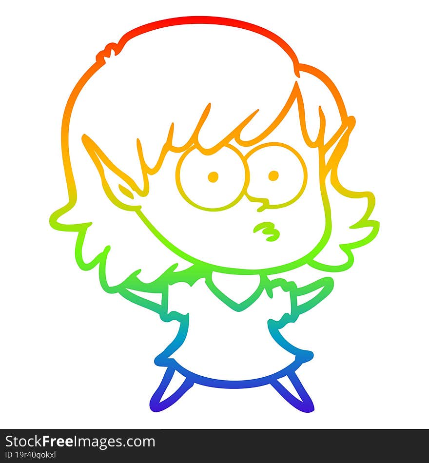 Rainbow Gradient Line Drawing Cartoon Elf Girl Staring