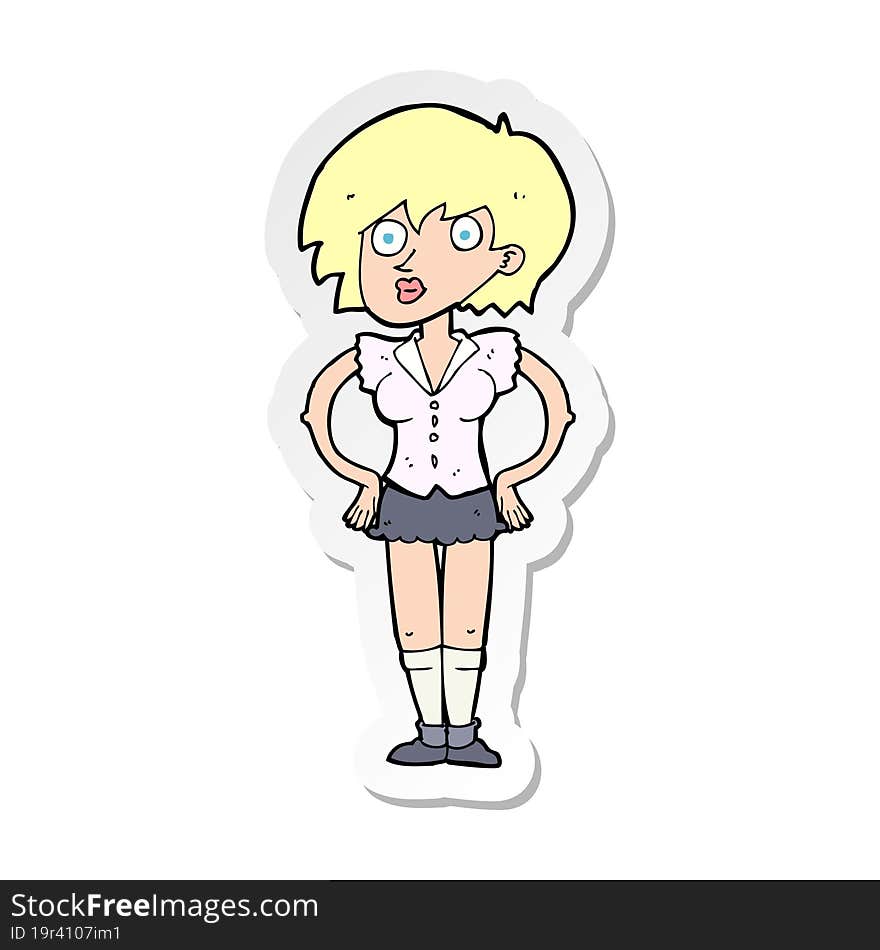 sticker of a cartoon surprised woman with hands on hips