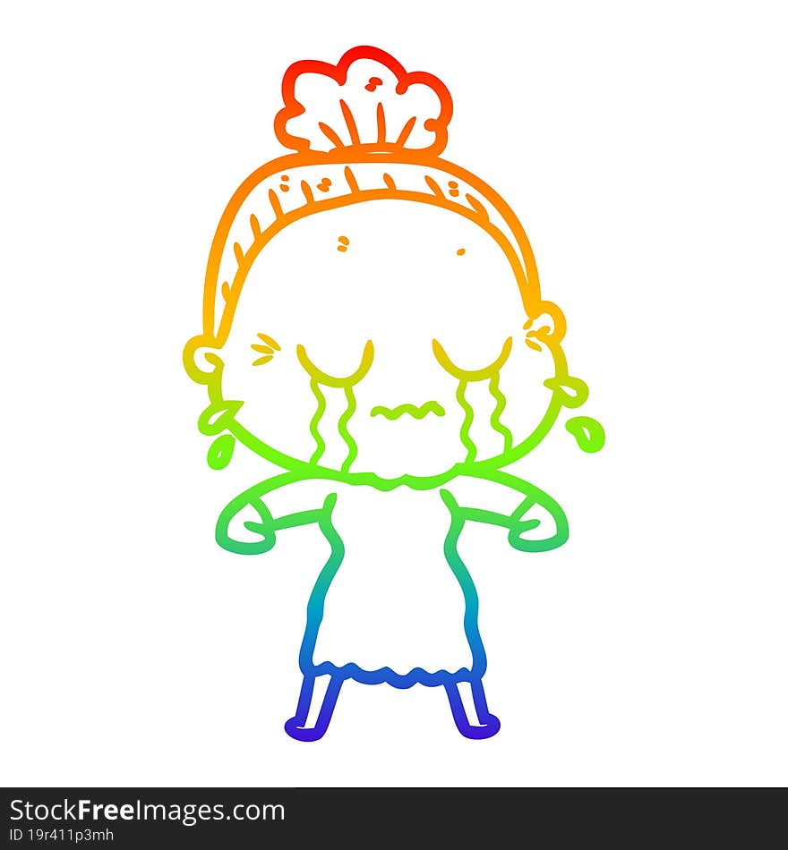 Rainbow Gradient Line Drawing Cartoon Crying Old Lady