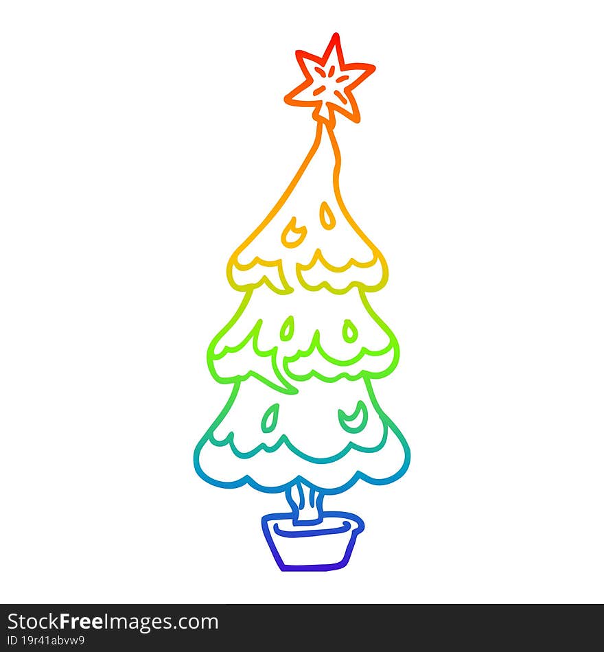 rainbow gradient line drawing of a cartoon christmas tree