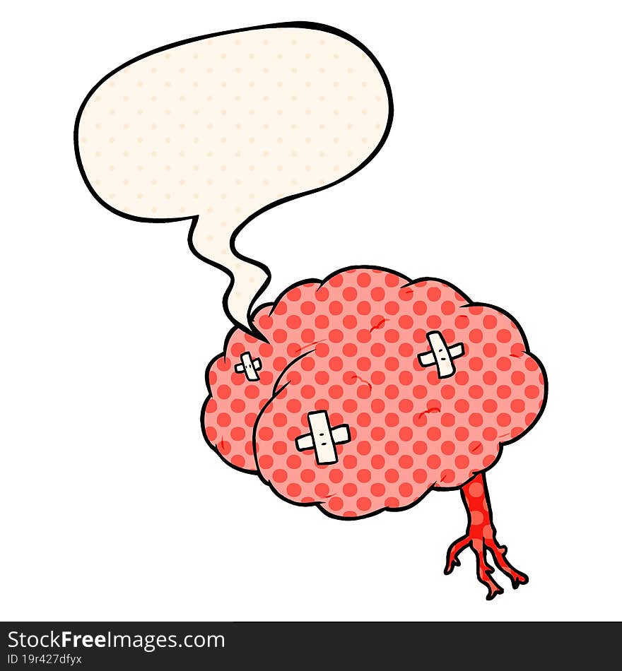 cartoon injured brain with speech bubble in comic book style