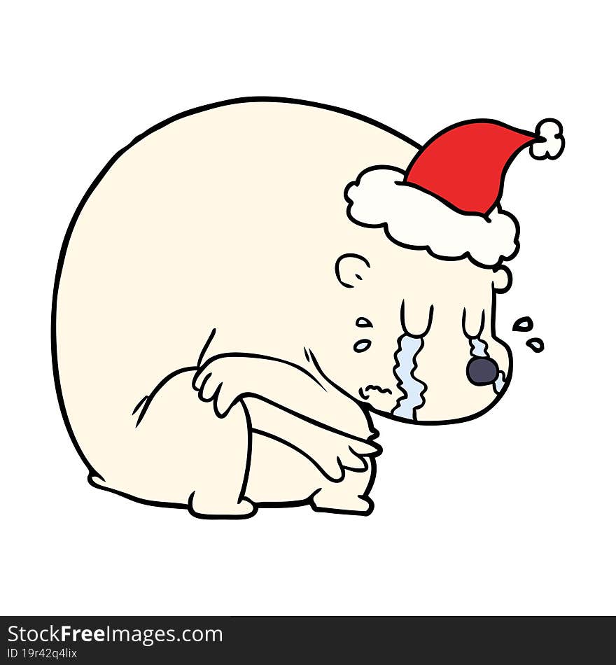 crying line drawing of a polar bear wearing santa hat