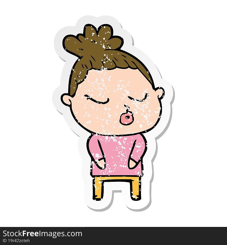 distressed sticker of a cartoon calm woman