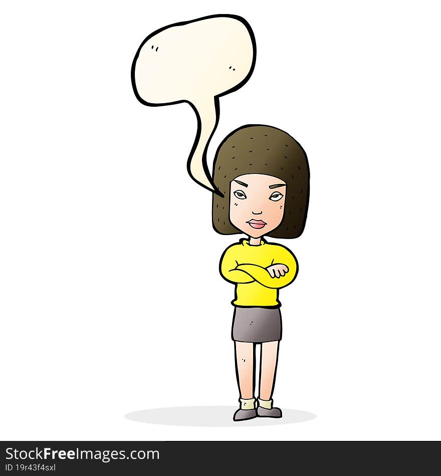 cartoon woman with crossed arms with speech bubble