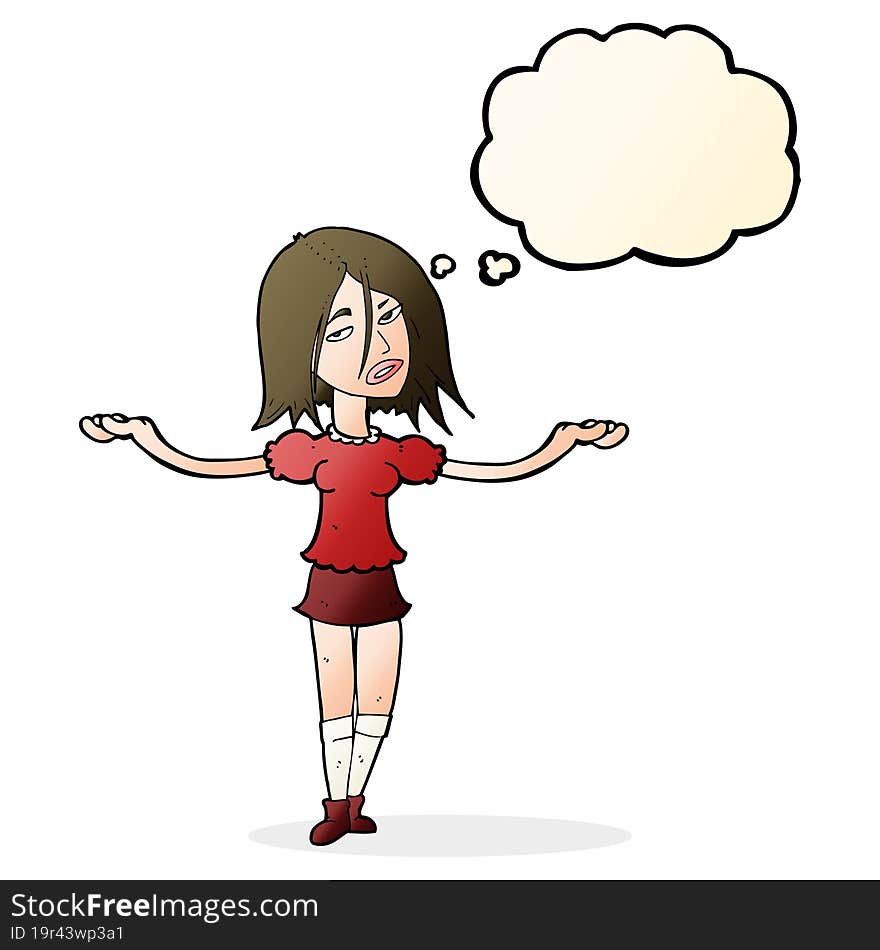 cartoon woman shrugging shoulders with thought bubble