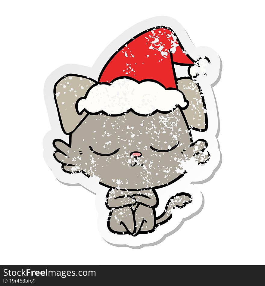 Cute Distressed Sticker Cartoon Of A Dog Wearing Santa Hat