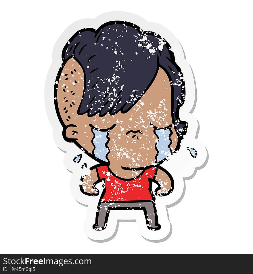 distressed sticker of a cartoon crying girl