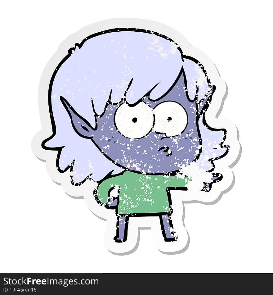 distressed sticker of a cartoon elf girl pointing