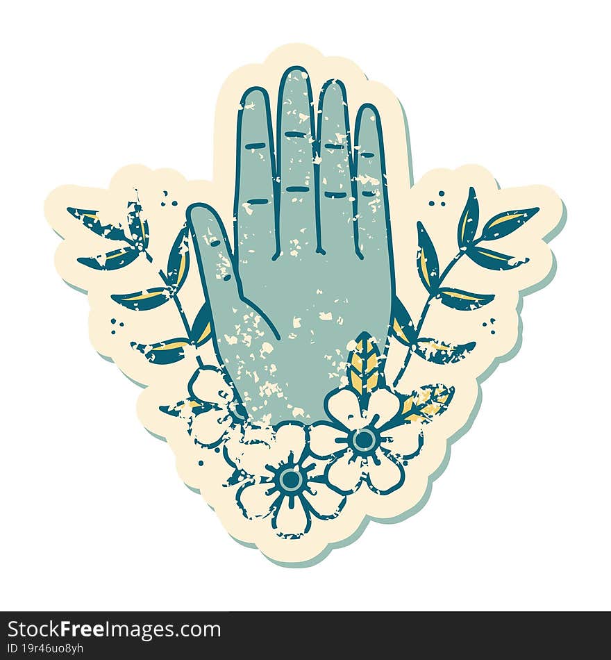 iconic distressed sticker tattoo style image of a hand and flower. iconic distressed sticker tattoo style image of a hand and flower