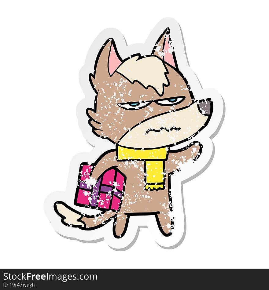 distressed sticker of a cartoon annoyed wolf