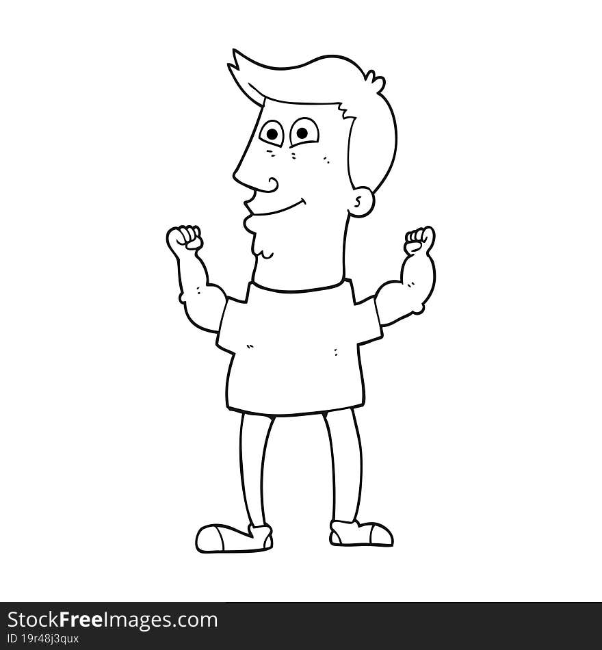 black and white cartoon celebrating man