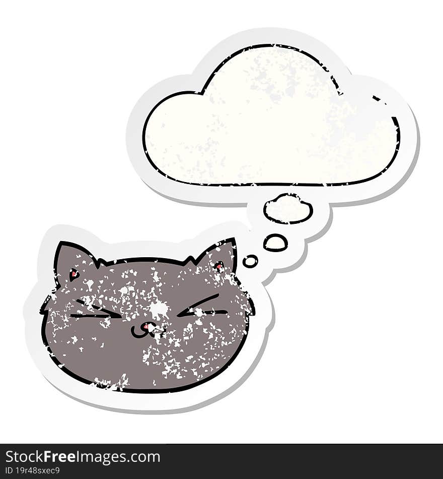 happy cartoon cat with thought bubble as a distressed worn sticker